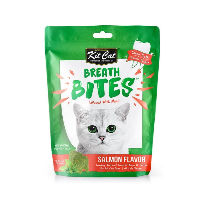Kit Cat Breath Bites keep your cat's teeth healthy. These salmon-flavored treats reduce plaque and tartar buildup when fed daily.