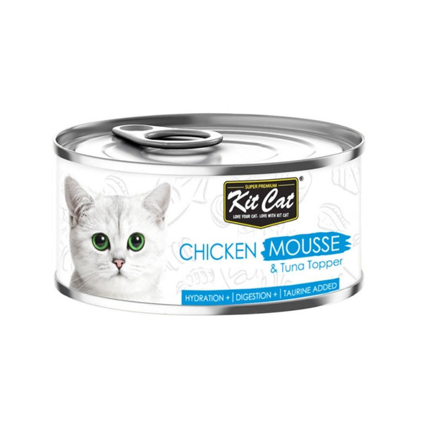 Kit Cat Chicken Mousse with Tuna Topper Cat Wet Food is a grain-free diet for all life stages. It has added taurine and was created by our feline-loving nutritionists.