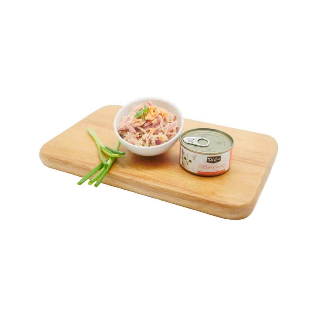 Kit Cat Chicken & Salmon Cat Wet Food 80g Petz.ae FullKit Cat Deboned Chicken & Salmon Toppers. Grain Free | All Life Stages | Taurine Added. Hairball Control; Reduce Risk of Kidney Stones & Urinary Tract Infections 2.
