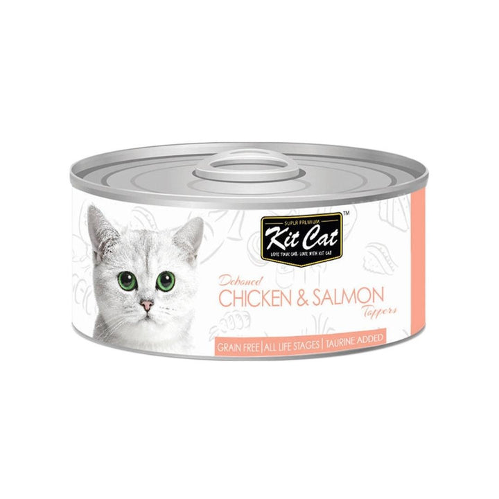 Kit Cat Deboned Chicken & Salmon Toppers. Grain Free | All Life Stages | Taurine Added. Hairball Control; Reduce Risk of Kidney Stones & Urinary Tract Infections.