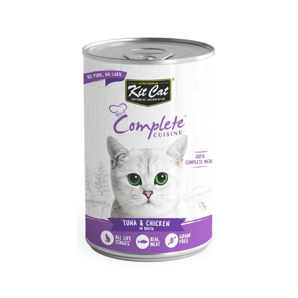 Kit Cat Complete Cuisine Tuna and Chicken in Broth 150g is a grain-free, all-life stage, and fussy eaters-friendly cat food. 