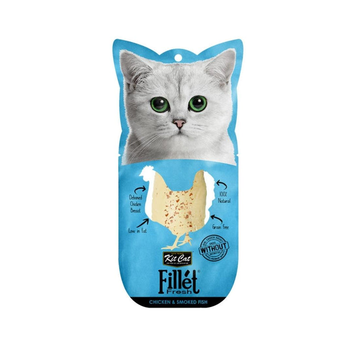 Enhance your cat's treat time with Kit Cat Fillet Fresh Chicken and Smoked Fish cat treats, a meticulously crafted delight by cat-loving nutritionists using only the finest natural ingredients.