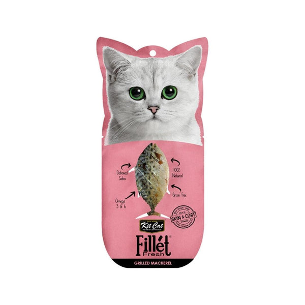 Indulge your feline companion with Kit Cat Fillet Fresh Grilled Mackerel cat treats, the ultimate snack for discerning cat lovers.