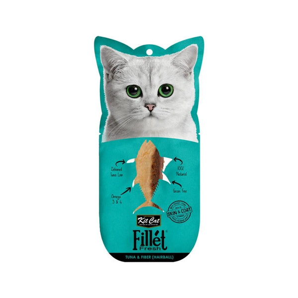 Treat your feline companion to the indulgent goodness of Kit Cat Fillet Fresh Tuna and Fiber Hairball Skin & Coat + Vitamins cat treats. 