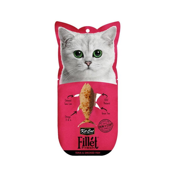 Treat your cherished feline to the exceptional flavor of Kit Cat Fillet Fresh Tuna and Smoked Fish Skin & Coat + Vitamins cat treats—a creation born out of the love for cats and the expertise of nutritionists.