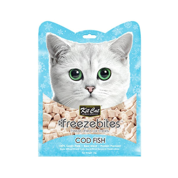 Kit Cat Freeze Bites Cod Fish Cat Treats are grain and gluten-free and contain nothing artificial. Our freeze-baked cat treats are made with only one ingredient, which is 100% Cod Fish. 