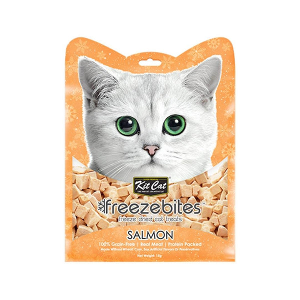 Kit Cat Freeze Bites Salmon Cat Treats: 15g pack, grain, gluten, and artificial ingredient-free. Only one ingredient is protein-rich.