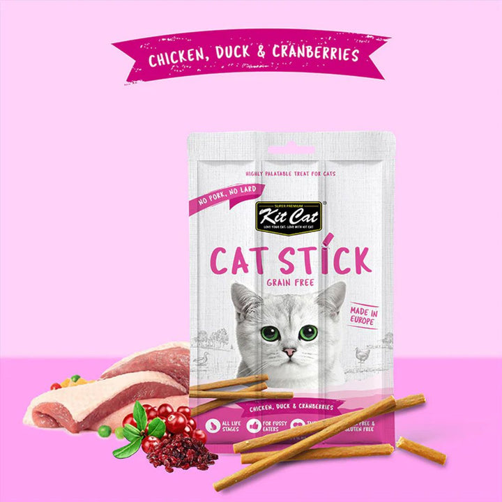 Kit Cat Sticks Chicken Duck & Cranberries is a rewarding cat treat that is perfect for your cats. A grain-free and meaty snack to encourage play and keep your pets active, this series is also great for teaching new tricks and behavior.