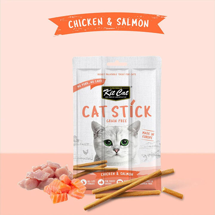 Kit Cat Sticks Chicken & Salmon is a rewarding cat treat that is perfect for your cats. A grain-free and meaty snack to encourage play and keep your pets active, this series is also great for teaching new tricks and behavior.