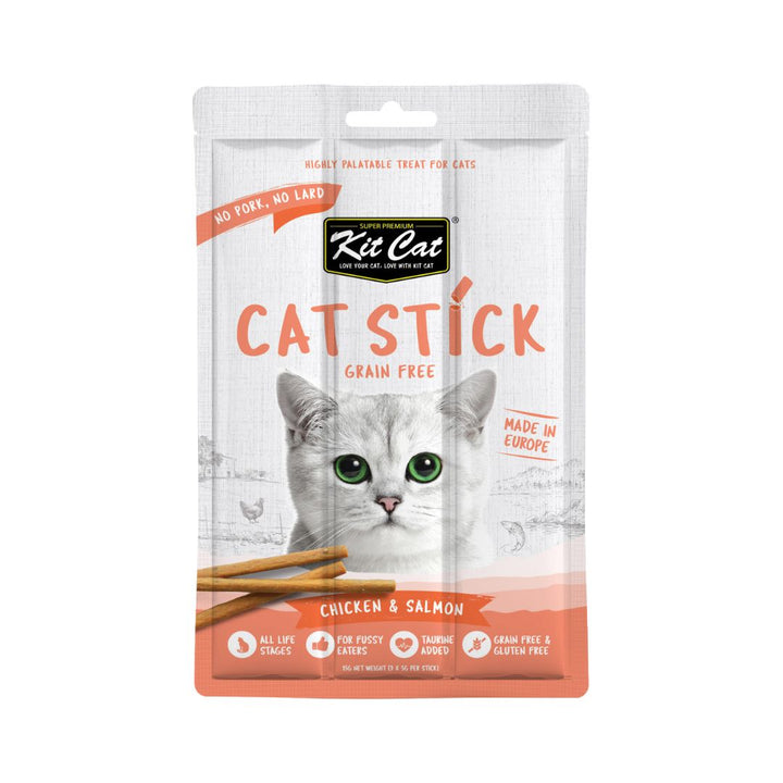 Elevate your cat's snacking experience with Kit Cat Sticks Chicken & Salmon – the perfect blend of taste and nutrition for your beloved feline companion.