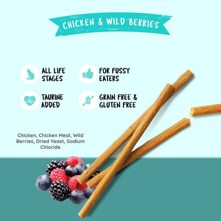 Kit Cat Sticks Chicken & Wild Berries is a rewarding cat treat that is perfect for your cats. A grain-free and meaty snack to encourage play and keep your pets active, this series is also great for teaching new tricks and behavior.