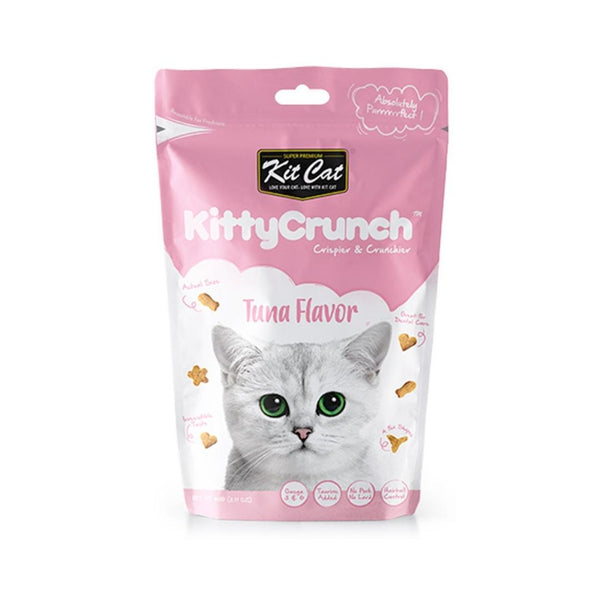 Kit Cat Kitty Crunch Tuna Flavor 60g packaging, crispy and crunchy cat treats for dental health and hairball control.