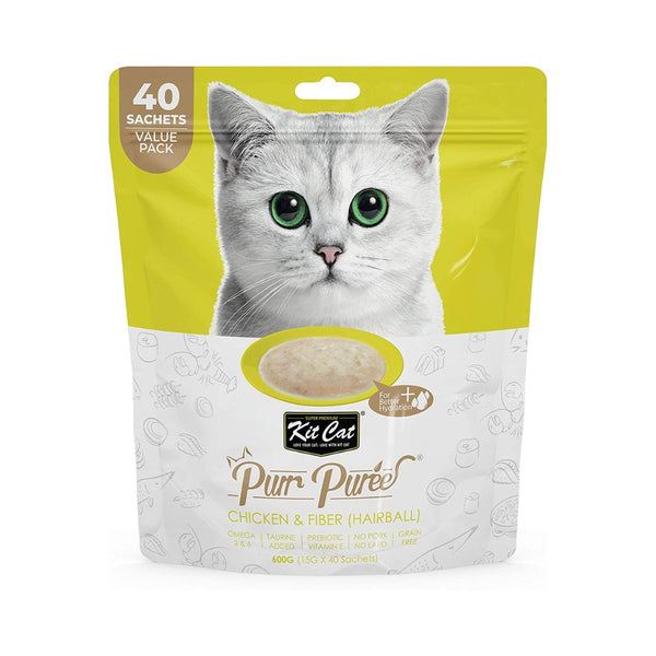 Kit Cat Purr Puree Chicken & Fiber Hairball Cat Treats contains a smooth blend of chicken or tuna. With no added colors or preservatives.