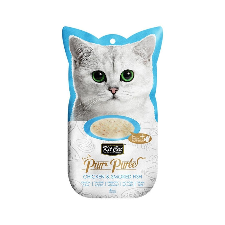 Elevate your cat's treat time with the enticing blend of Kit Cat Puree Chicken & Smoked Fish Cat Treats. Order now for an unmatched feline treat experience. 