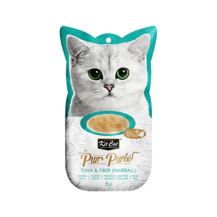 Elevate your cat's treat experience with Kit Cat Puree Tuna & Fiber Hairball Cat Treats—order now for a treat that prioritizes your cat's wellness.