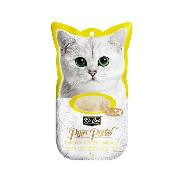 Elevate your cat's treat time with Kit Cat Purr Puree Chicken & Fiber Hairball Cat Treats – where quality meets flavor and well-being meets indulgence. Treat your feline companion to a culinary delight that aligns with their instincts.