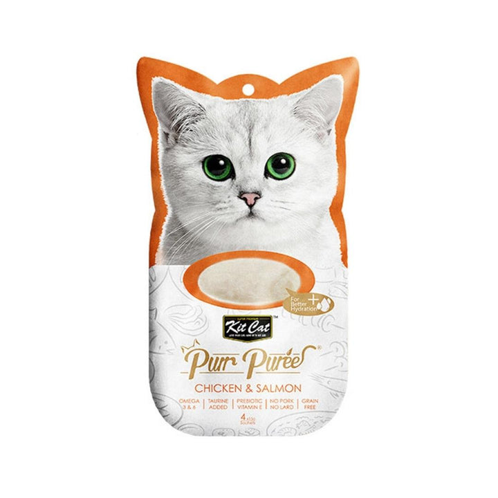 Treat your cat to Kit Cat Puree Chicken & Salmon Cat Treats, a smooth blend crafted with care by cat-loving nutritionists.