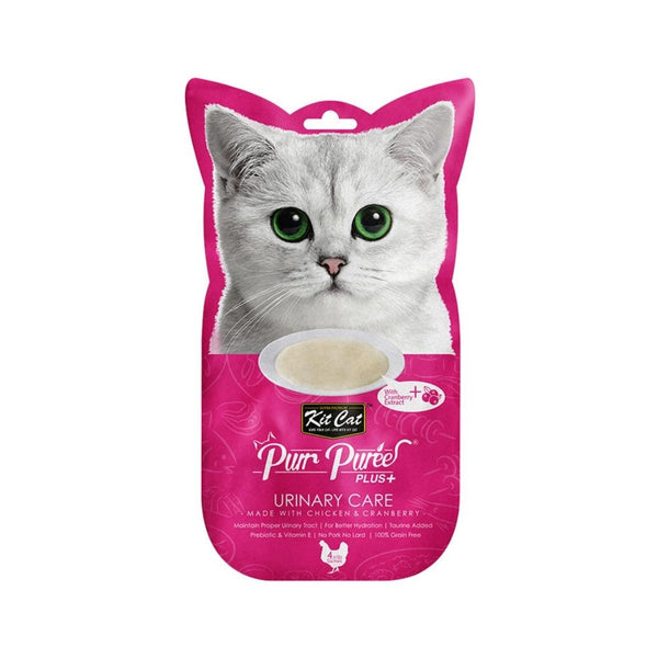 Give your cat the gift of optimal wellness with Kit Cat Purr Puree Plus+ Chicken & Cranberry Urinary Care treats. With a blend of flavors and health-supporting ingredients.