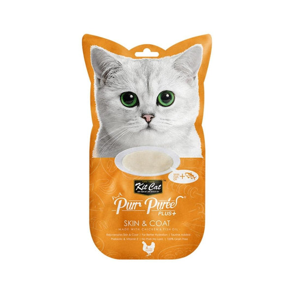 Experience the joy of seeing your cat thrive with Kit Cat Purr Puree Plus+ Chicken & Fish Oil Skin & Coat treats as a delightful and nourishing indulgence.