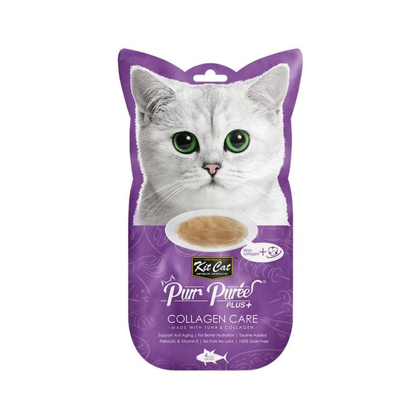 Kit Cat Purr Puree Plus+ Tuna & Collagen Care treats offer your cat a delectable journey into anti-aging support with the goodness of collagen, Taurine, and Prebiotic Vitamin E.