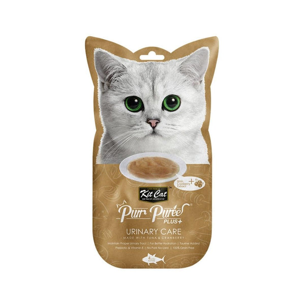Kit Cat Purr Puree Plus+ Tuna & Cranberry, Urinary Care treats, offer your cat a delectable taste and holistic well-being blend with cranberry extract, taurine, and prebiotic vitamin E benefits.