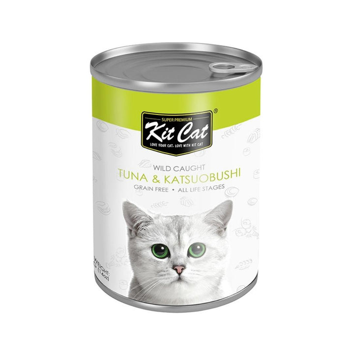 Kit Cat Wild Caught Tuna with Katsuobushi Canned Cat Food 400g is a naturally formulated diet for kittens and cats of all life stages.