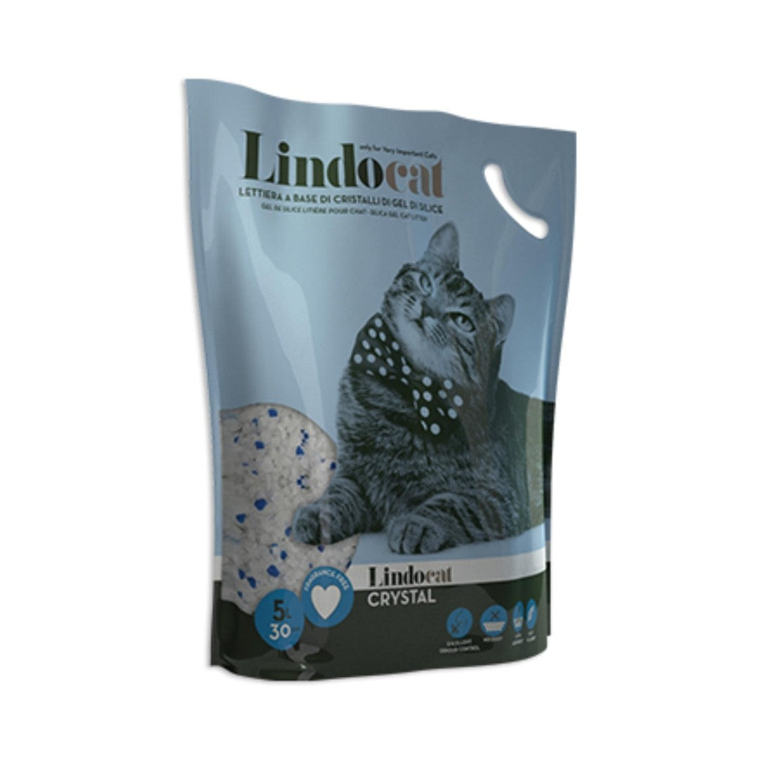 LindoCat Crystal Silica Gel Cat Litter, fine silica gel crystals, superior absorption, odor control, and dust-free formula, lightweight for all cat breeds.