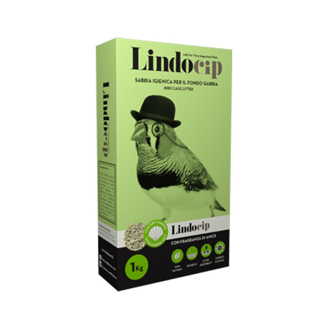LindoCip Bird Sand &amp; Grit, sterilized bird litter with natural minerals and seashell fragments, ultra-absorbent and anise-scented, for a clean and healthy bird environment.