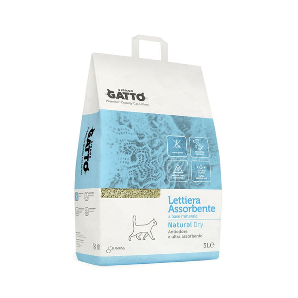 Lindocat Signor Gatto Natural Dry Cat Litter Top-performance litter is 100% made of clay with a high odor and liquid-absorbing power.