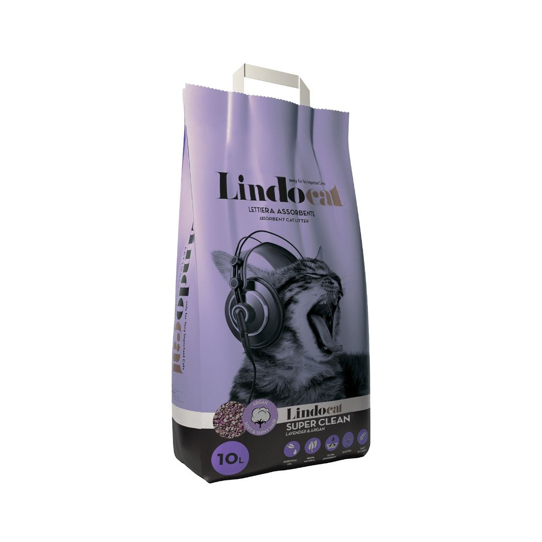 Lindocat Super Clean Cat Litter, 10L bag, made of 100% Urasite clay, with lavender scent and Argan oil, ideal for long-haired cats.
