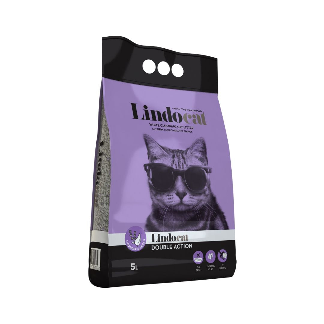 LindoCat White Bentonite Double Action Lavender Cat Litter, 10 Liters bag, premium clumping litter with lavender scent and Argan oil for long-haired cats. 5 L