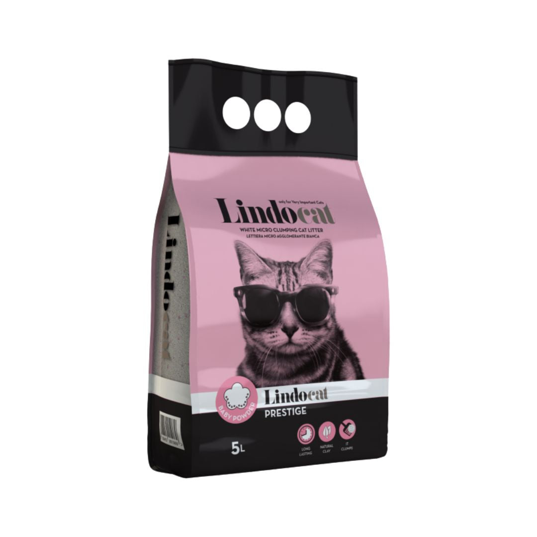Lindocat White Bentonite Prestige Baby Powder Cat Litter, available in 5L and 10L bags, premium clumping litter with high absorbency and delicate Baby Powder fragrance.