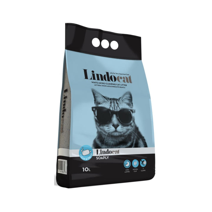 Lindocat White Bentonite Soaply Scented is a high-quality hygienic clumping cat litter made entirely of excellent bentonite clay in fine white granules. 10L