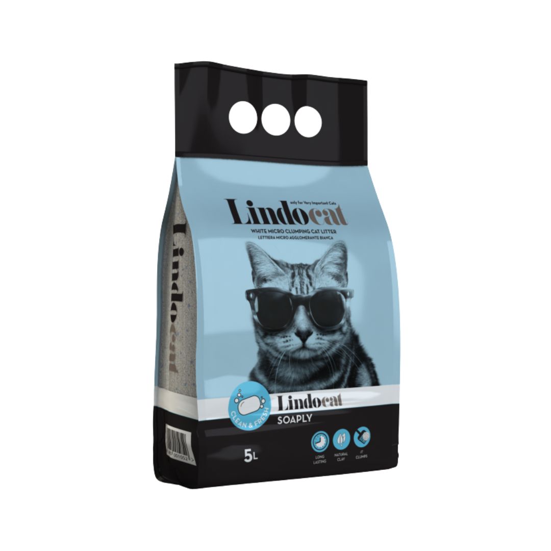 Lindocat White Bentonite Soaply Scented Cat Litter, available in 5L and 10L bags, premium clumping litter with high absorbency and a delicate soaply fragrance. - 5L