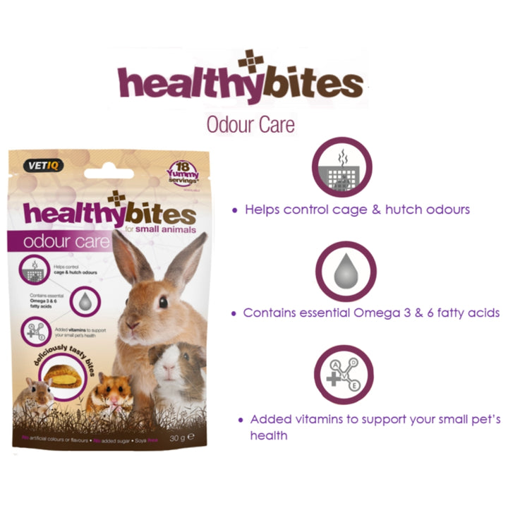 Healthy Bites Odor Care For Small Animals prioritizes your pet's health and addresses the common issue of odors in hutch and cage environments.