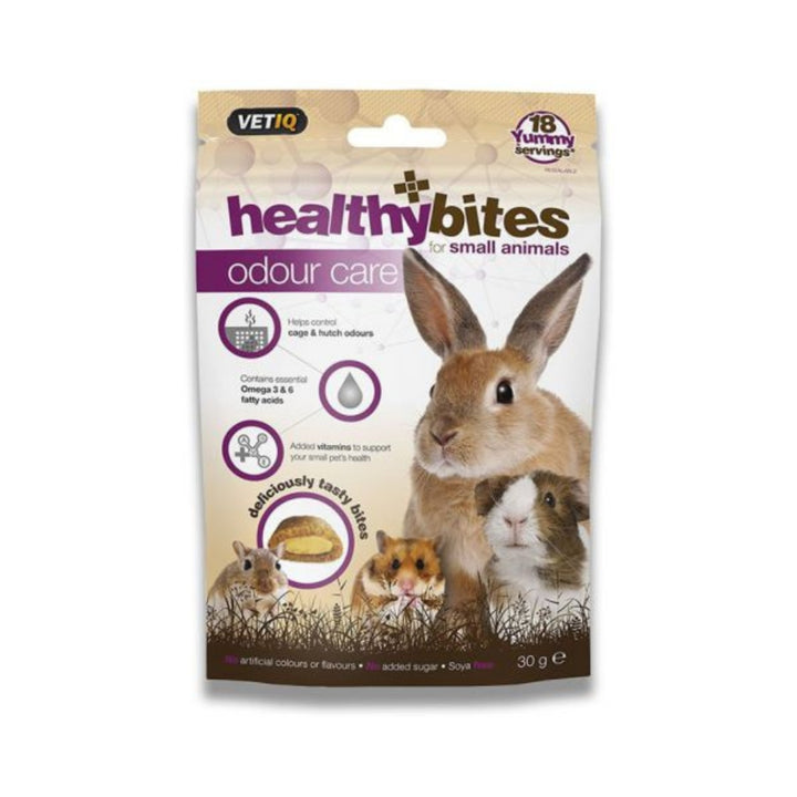Healthy Bites Odor Care For Small Animals prioritizes your pet's health and addresses the common issue of odors in hutch and cage environments.