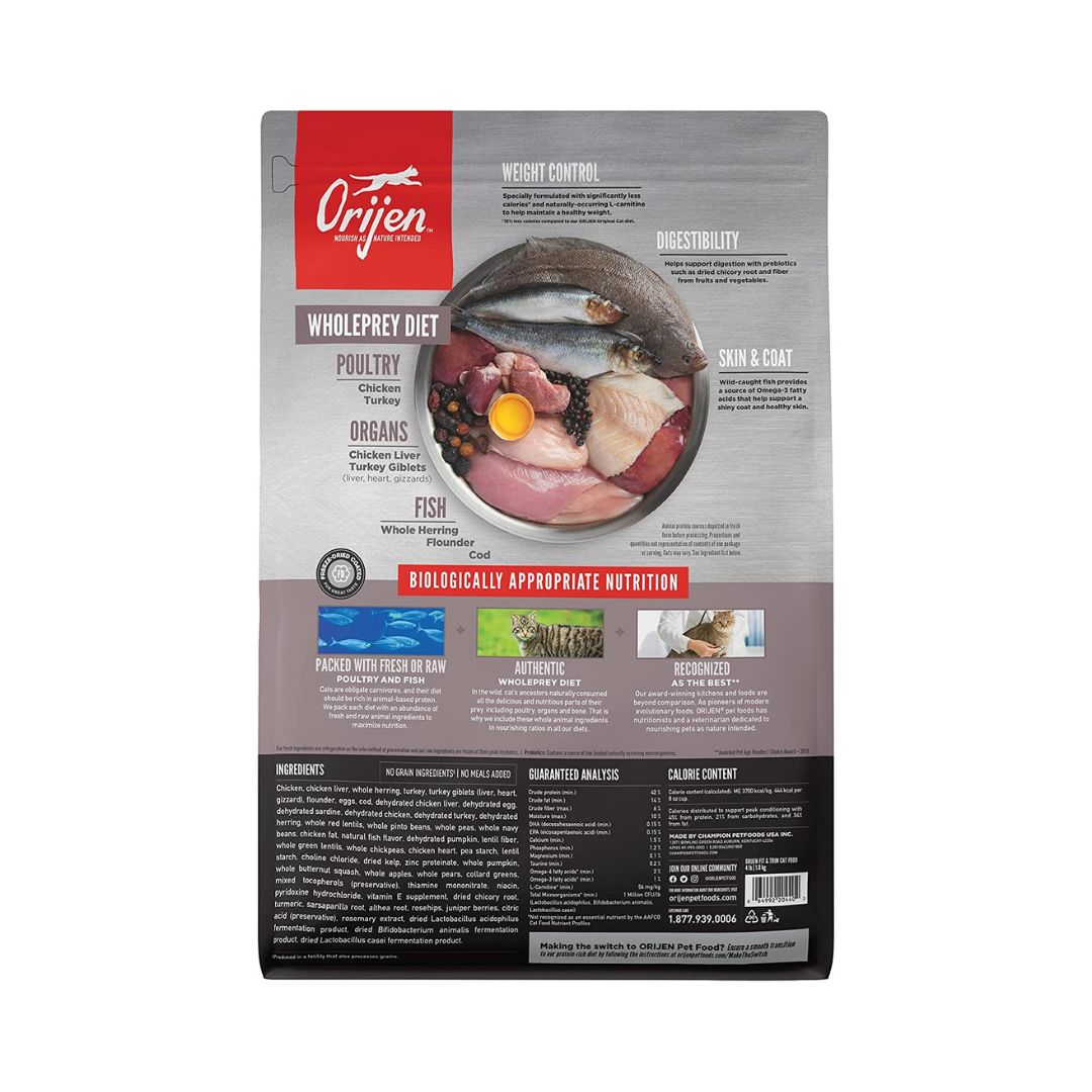 Orijen Fit & Trim Cat Dry Food recipe is formulated to promote optimum body conditioning through a protein-rich diet, moderate fat, and limited carbohydrates 2.