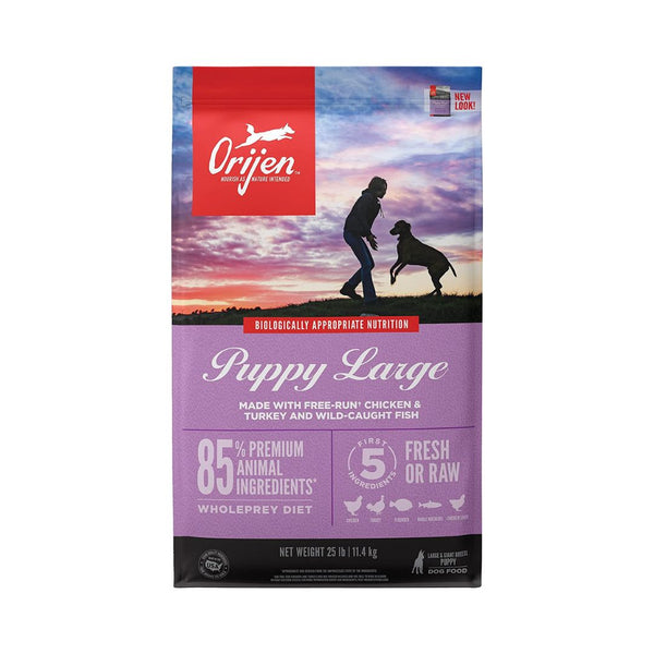 Orijen Puppy Large Dry Food Rich in protein for large breed muscle mass and calorie-limited to promote healthy weight and reduce stress on developing bones and joints.