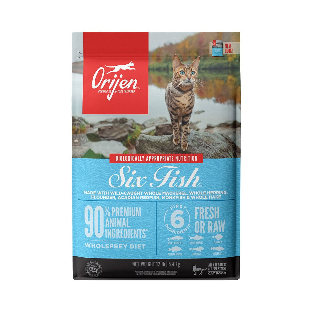 Orijen Six Fish Cat Dry Food packaging with premium raw fish ingredients, available in 1.8kg and 5.4kg sizes.