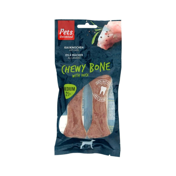 Pets Unlimited Chewy Bone Duck Medium Dog Treats Beef bones are wrapped in delicious duck, which is hypoallergenic, and 100% natural, flavors your dog will love with added health benefits.