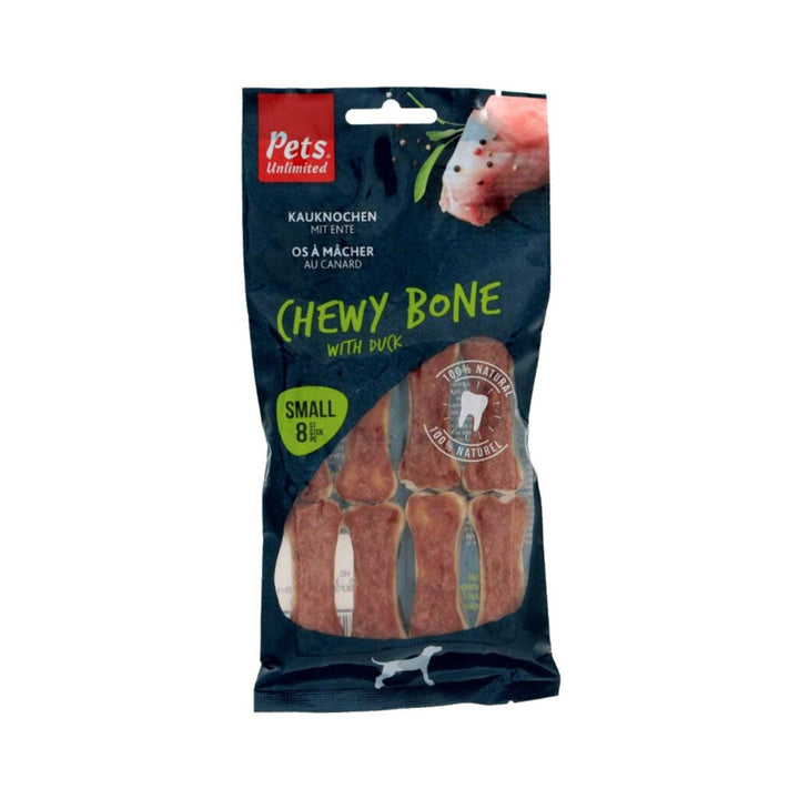 Pets Unlimited Chewy Bone Duck Small Dog Treats These chewy duck bones come in 8 small pieces. Beef bones are wrapped in delicious duck.
