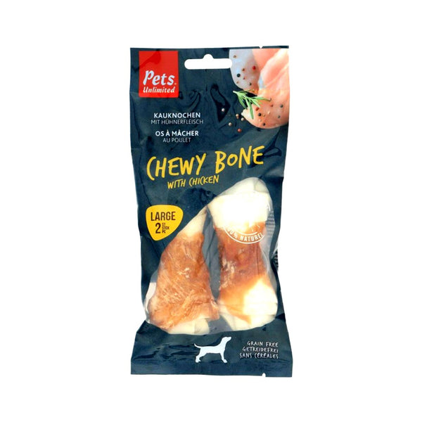 Pets Unlimited Chewy Bone with Chicken Large Dog Treats These chewy chicken bones come in a pack of 2 large pieces.