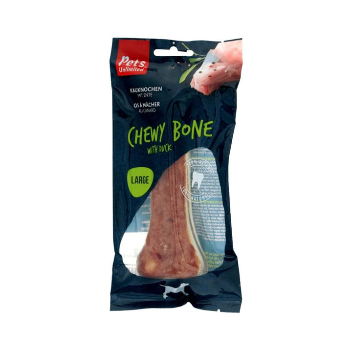 Pets Unlimited Chewy Bone with Duck Large Dog Treats This large chewy duck bone is wrapped in delicious, hypoallergenic, 100% natural flavors your dog will love with added health benefits.