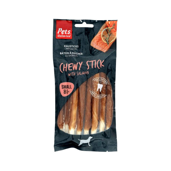 Pets Unlimited Chewy Stick with Salmon Dog Treats - Front Bag 