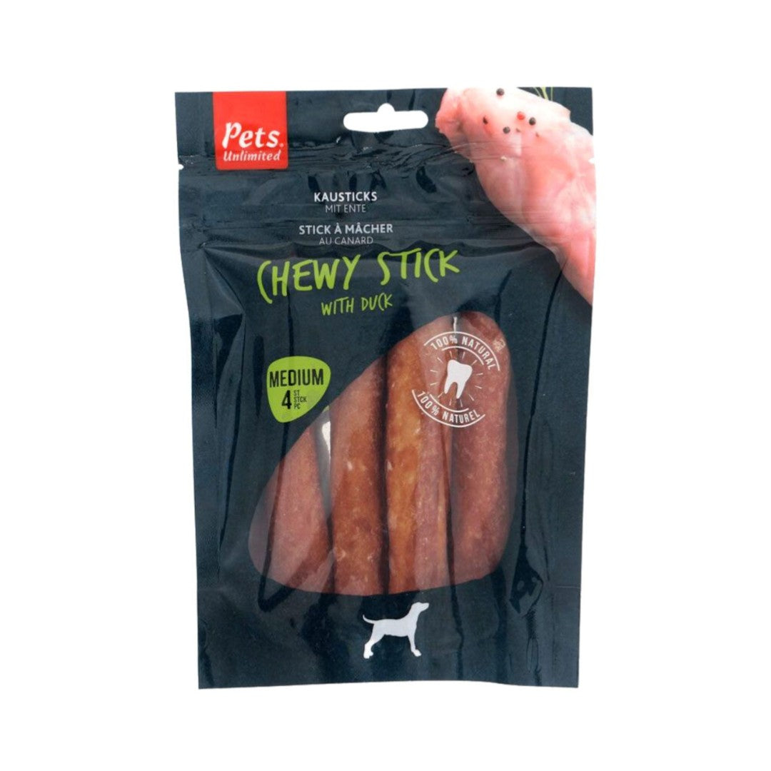 Pets Unlimited Chewy Sticks Duck Medium Dog Treats - Front Bag