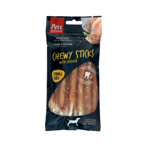 Pets Unlimited Chewy Sticks with Chicken Dog Treats are made of pure beef hide, Wrapped in bacon, salmon, lamb, or beef to maintain your dog's dental care.