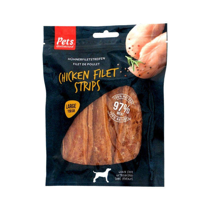 Pets Unlimited Chicken Fillet Strips Large Dog Treats These large chicken fillet strips are perfect supplementary treats or rewards for your dog alongside their complete daily meals. Suitable for all breeds and ages.Pets Unlimited Chicken Fillet Strips Large Dog Treats: Pure Goodness for Your Pup in Dubai