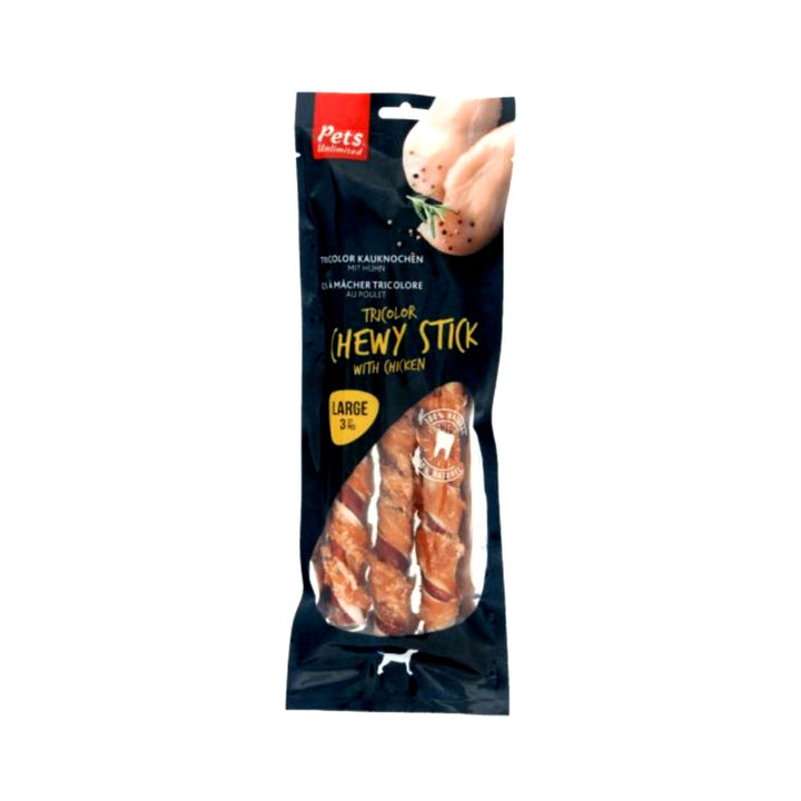 Pets Unlimited Tricolor Large Chewy Sticks Chicken Dog Treats These tricolor chew sticks come in 3 significant pieces. Beef chew sticks wrapped in delicious chicken your dog will love. Chew sticks strengthen teeth and gums, which helps prevent infections from developing.