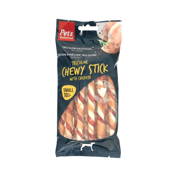 Pets Unlimited Tricolor Small Chewy Stick Chicken Dog Treats - Front Bag