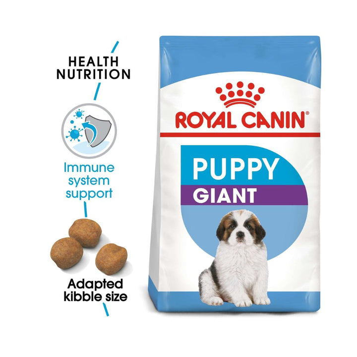 Royal Canin Giant Puppy Dry Food Complete feed for giant puppies Up to 8 months old. Specially formulated to support the nutritional needs of giant-breed puppies 2. 